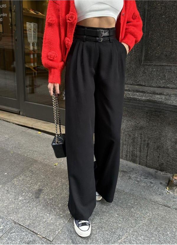 Laluvia Siyah Grace Kemerli Geniş Paça Pantolon-300001 - Image 1
