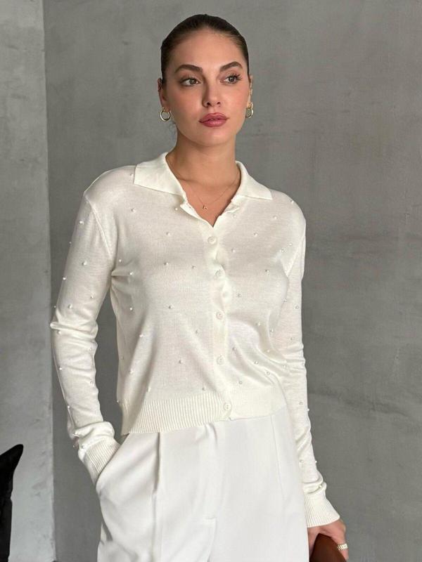 Laluvia Ekru Polo Yaka Mini Topçuklu Hırka -4560 - Image 1