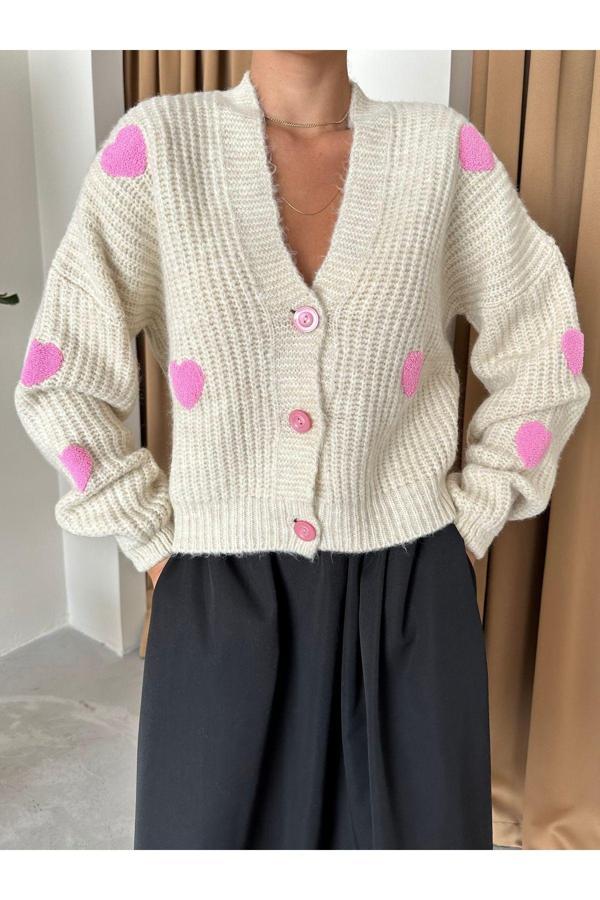 Laluvia Taş Pembe Kalpli Triko Hırka-4422 - Image 1