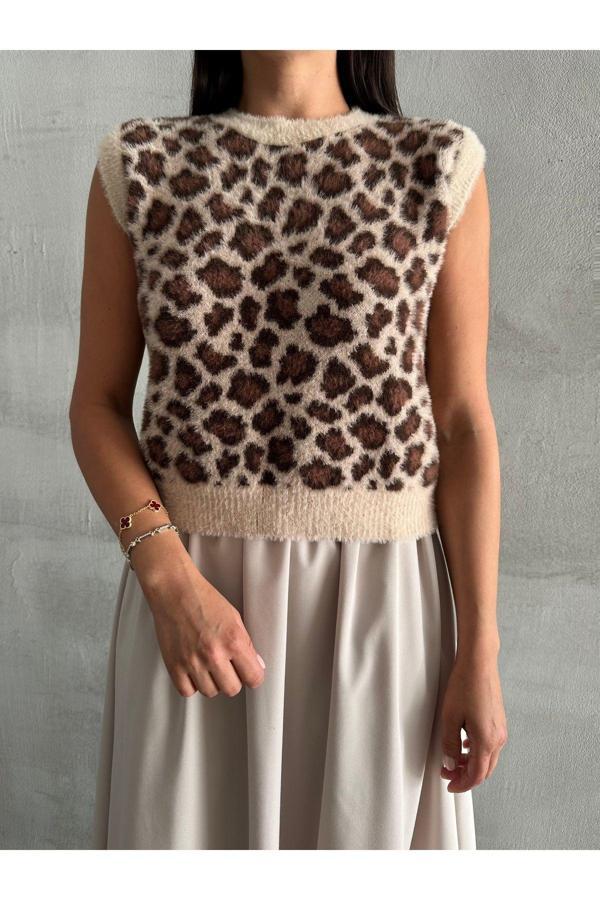 Laluvia Taş-Kahve Leopar Desenli Yumoş Süveter - Image 1