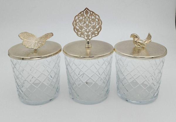 3 Lü Dekoratif Cam Çerezlik Şekerlik Metal Kapaklı - Image 1