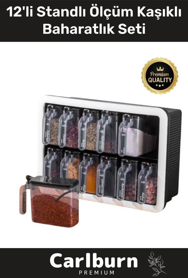 Premium Modern Pratik Bölmeki Şeffaf Mutfak Tezgah 12li Standlı Ölçü Kaşıklı Plastik Baharatlık Seti - Image 1
