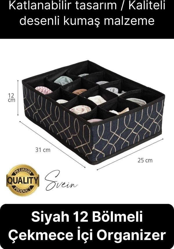 12 Bölmeli Dolap Çekmece İçi Düzenleyici Siyah Organizer Çorap Kravat Hobi Kutusu Kozmetik Aksesuar - Image 1