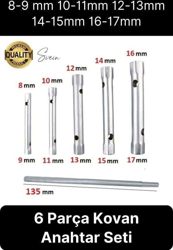 6 Parça Kovan Tipi Lokma Anahtarı Buji Boru Seti Civata Çinko Kaplı Lavabo Montaj 8-17 mm Arası - Image 1