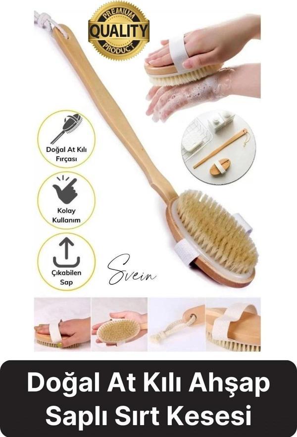 Premium %100 Doğal At Kılı Banyo Fırçası Ahşap Saplı Selülit Önleyici Yumuşak Vücut Masaj Sırt Kese - Image 1