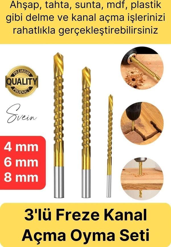 Premium Çok Amaçlı 3'lü Freze Matkap Uç Seti Ahşap Tahta Delme Titanyum Kanal Açma Sunta Mdf Oyma - Image 1