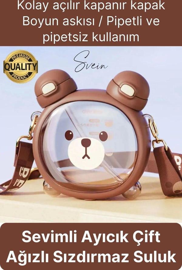 Sevimli Ayıcıklı Çocuk Suluğu Çift Kapaklı Pipetli Boyun Askılı Su Matarası Şişesi Kahve Sticker - Image 1