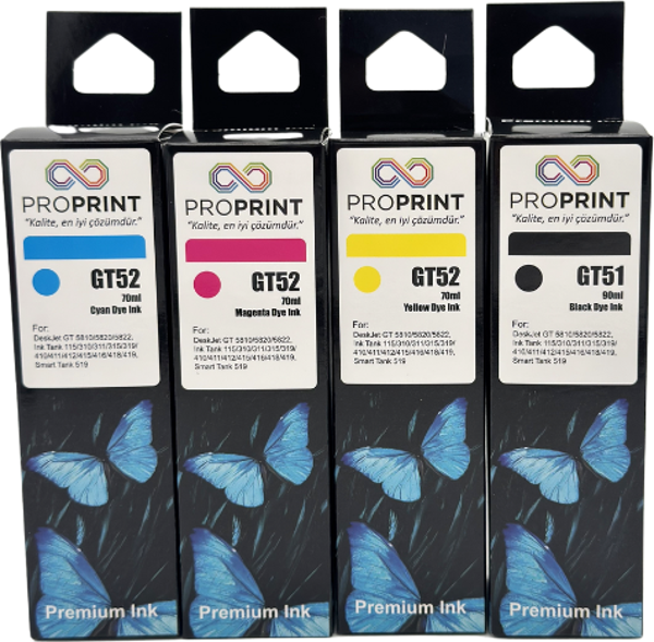 ProPrint HP GT51XL-GT52 Muadil Mürekkep Seti 4 Renk Siyah Renk 90 ML - Renkliler 70 ML İnk Tank 310 – İnk Tank 315 - Image 1