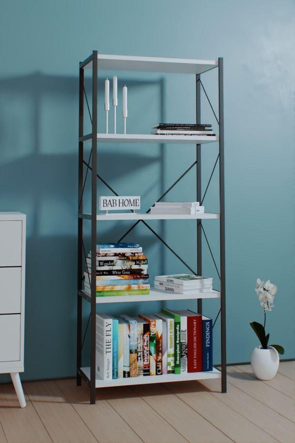 Bab Home Dekoratif 5 Raflı Metal Kitaplık Dosya Kitap Rafı Ofis Salon Raf Beyaz - Image 1