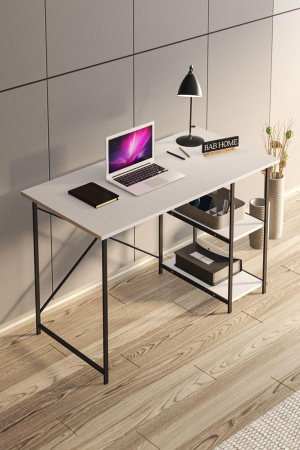 Bab Home Metal Ayaklı Beyaz Çalışma Masası Raflı Ofis Masası Ders Çalışma Masası - Image 1