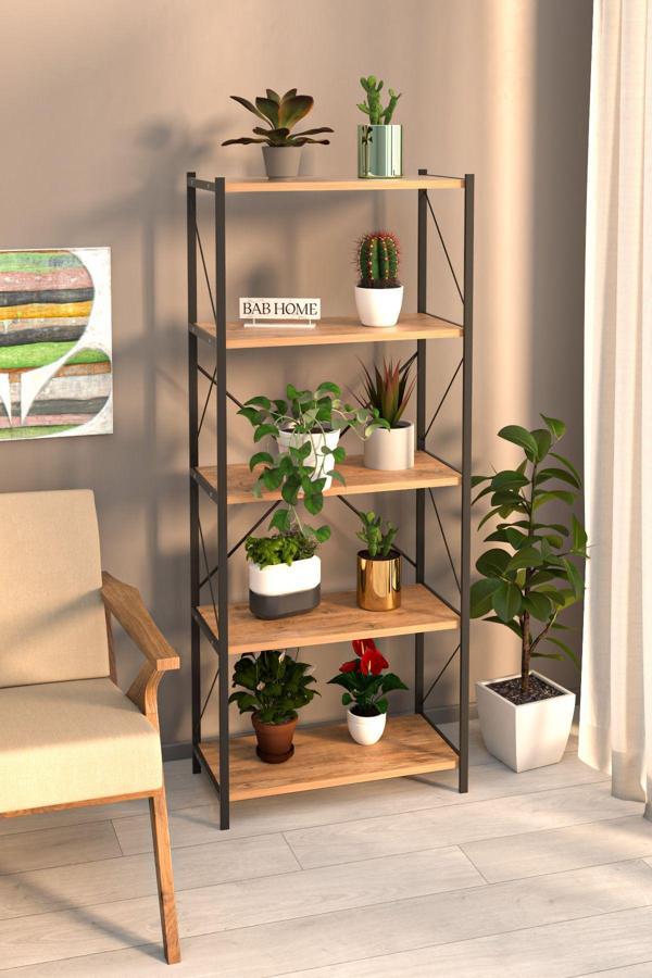 Bab Home Modern Çok Katlı Çiçeklik Metal Ayaklı Dekoratif Raf Ünitesi Saksılık Atlantik Çam - Image 1