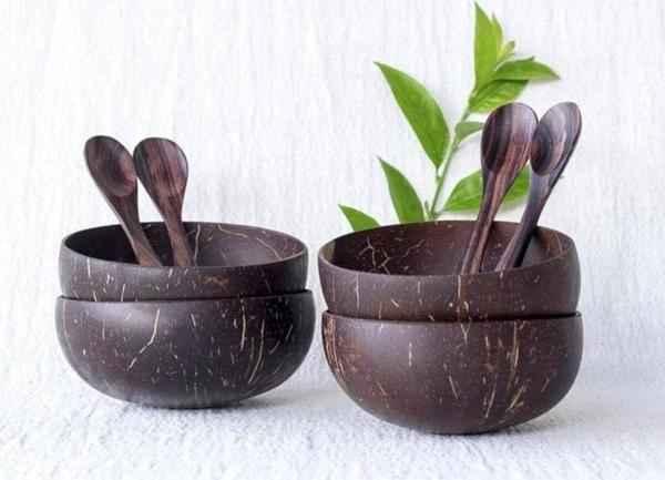Wisha Natural El Yapımı Cilalı Hindistan Cevizi Kase + Abanoz Kaşık 4 Kişilik Set - Image 1