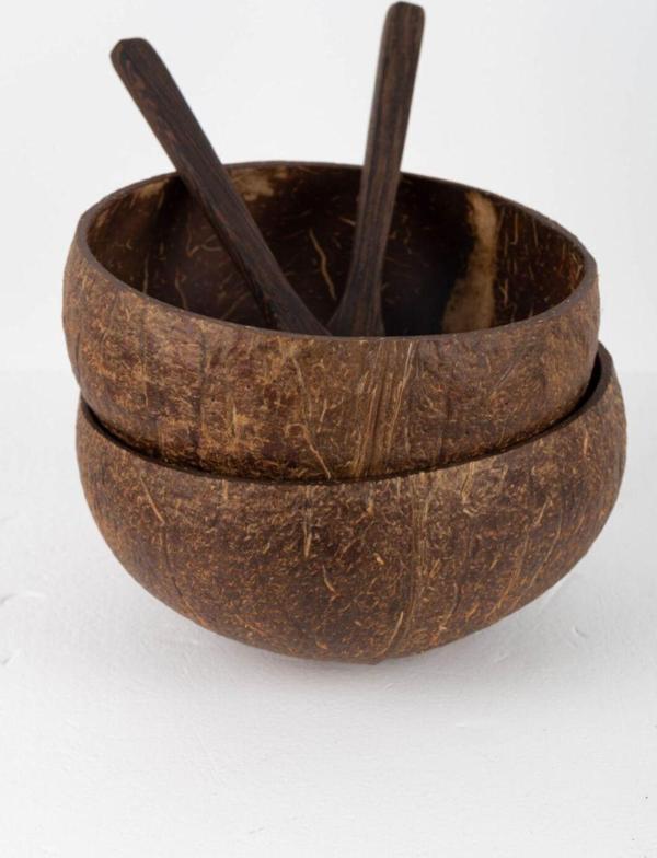 Wisha Natural El Yapımı Natural Hindistan Cevizi Kase + Abanoz Kaşık 2 Kişilik Set - Image 1
