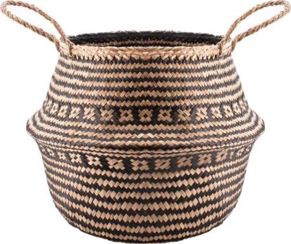 Wisha Natural Siyah Desenli Small Boy Katlanabilir Hasır Sepet / Saksılık 25X25Cm - Image 1