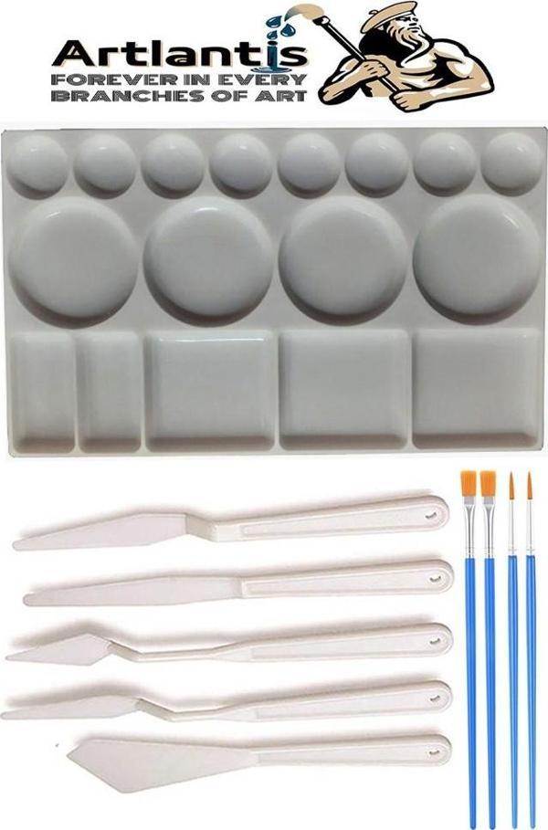 Plastik Masa Üstü 17 Hazneli Resim Paleti 5 li Plastik Spatula ve Resim Fırçası 1 Paket Ressam Sanatsal Palet Bıçağı - Image 1