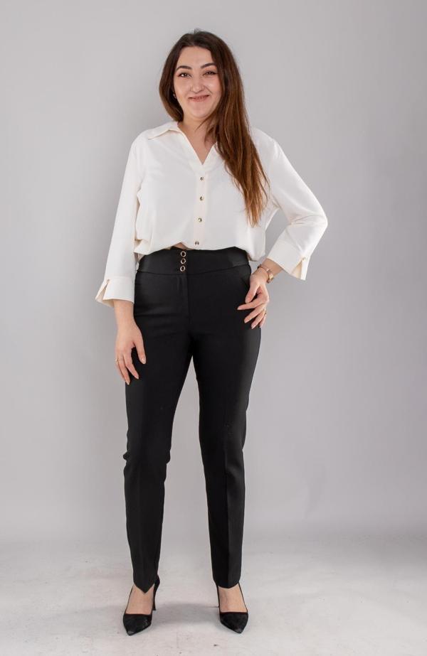 Ayhan Kadın Büyük Beden Geniş Kemerli Düğmeli Pantolon 70527 Siyah - Image 1