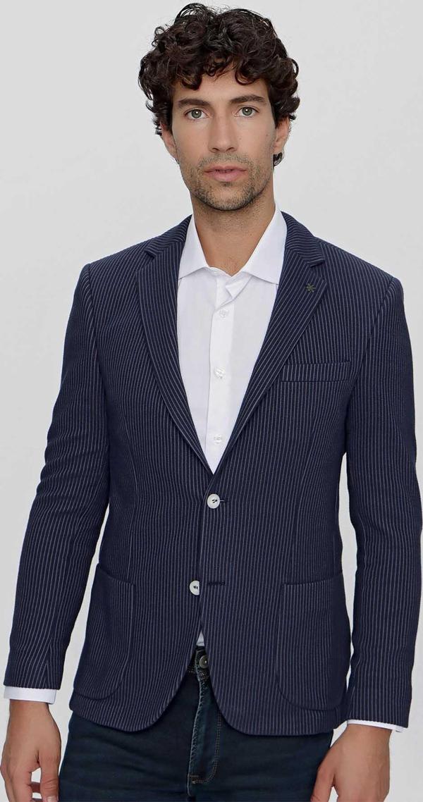 Morven Erkek Örme Çizgili Slim Fit Torba Cep Ceket 2009 Lacivert - Image 1