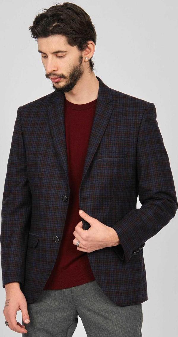 Lucas Erkek Ekoseli Spor Kesim Yün Ceket 2651001 Lacivert - Image 1