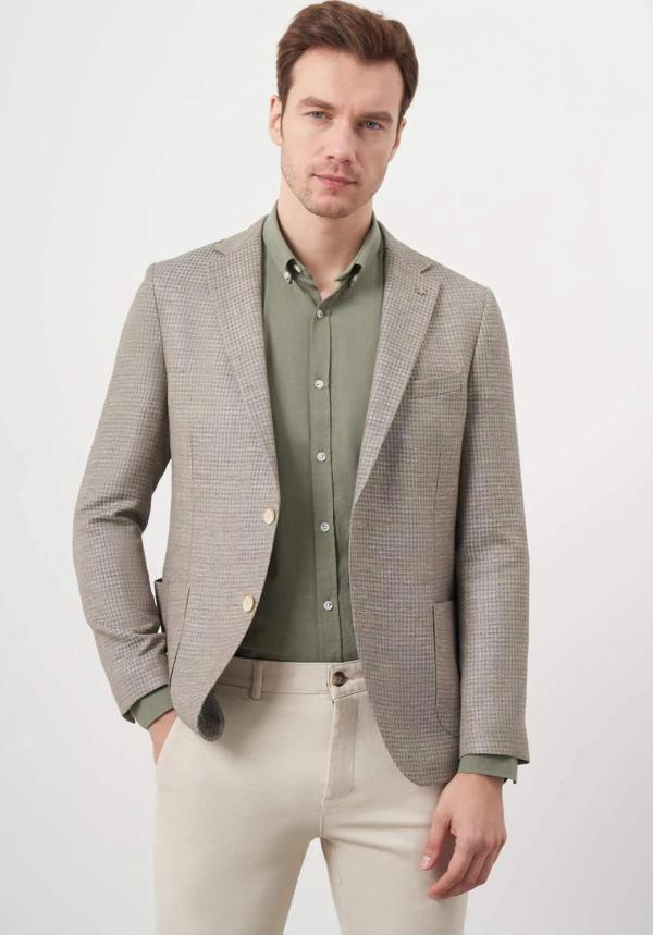 Morven Erkek Dokuma Slim Fit Torba Cep Mono Yaka Spor Ceket 2002 Bej - Image 1