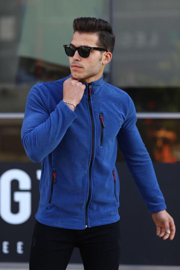 Kozik Erkek Siyah Polar Kışlık Kalın Tam Fermuar Pamuklu Kumaş Polar Ceket Sax 2XL - Image 1