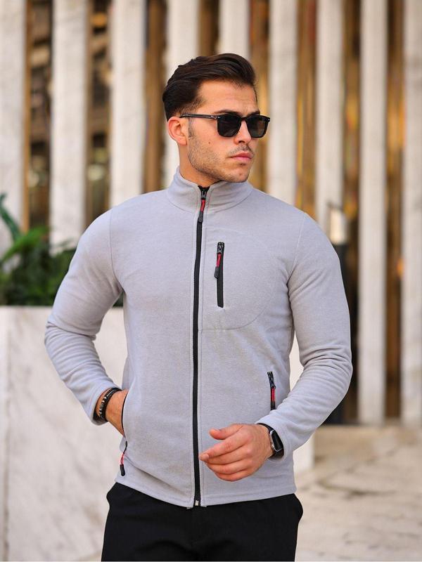 Kozik Erkek Siyah Polar Kışlık Kalın Tam Fermuar Pamuklu Kumaş Polar Ceket Gri L - Image 1