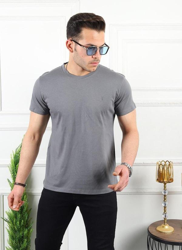 Kozik Erkek Gri Bisiklet Yaka Kısa Kol Standart %100 Pamuk Erkek Basic Spor T-Shirt - Image 1