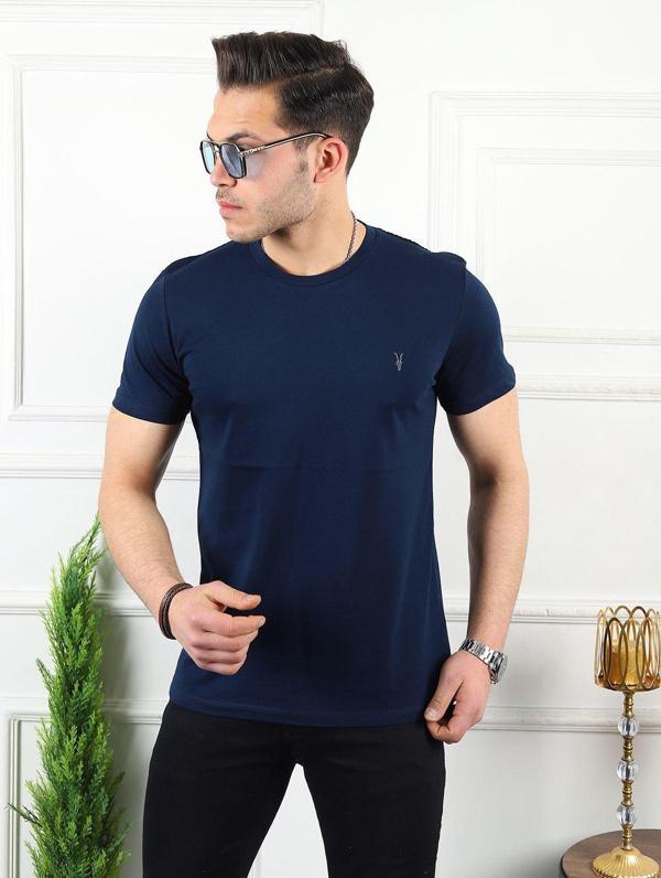 Kozik Erkek Bisiklet Yaka Standart %100 Pamuk Erkek Basic Spor T-Shirt - Lacivert - Image 1