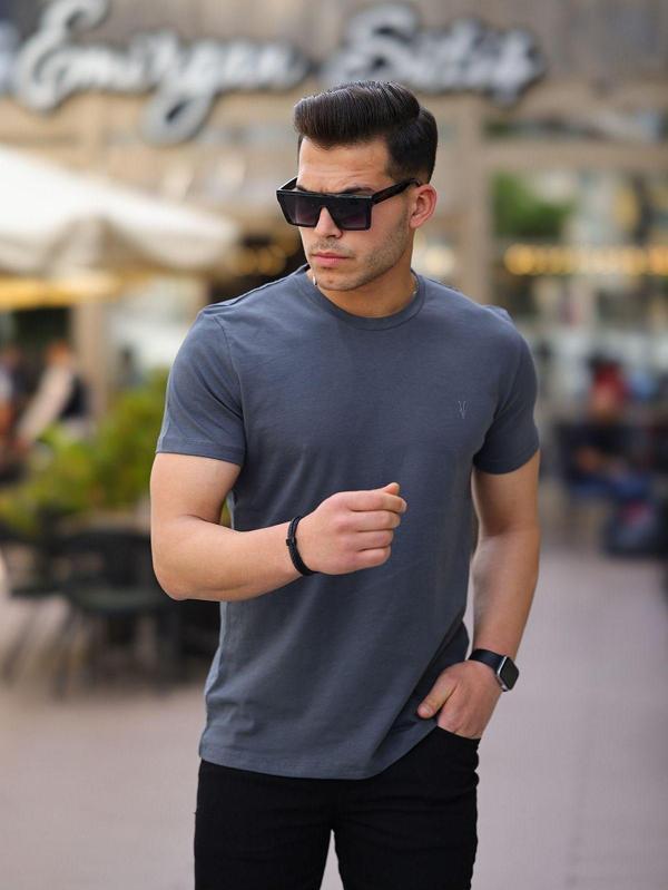 Kozik Erkek Bisiklet Yaka Standart %100 Pamuk Erkek Basic Spor T-Shirt - Antrasit - Image 1