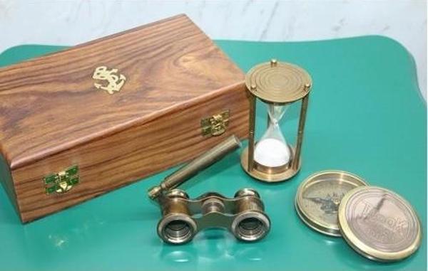 Ahşap Kutulu Pirinç Pusula, Kum Saati, Dürbün Seti - Image 1