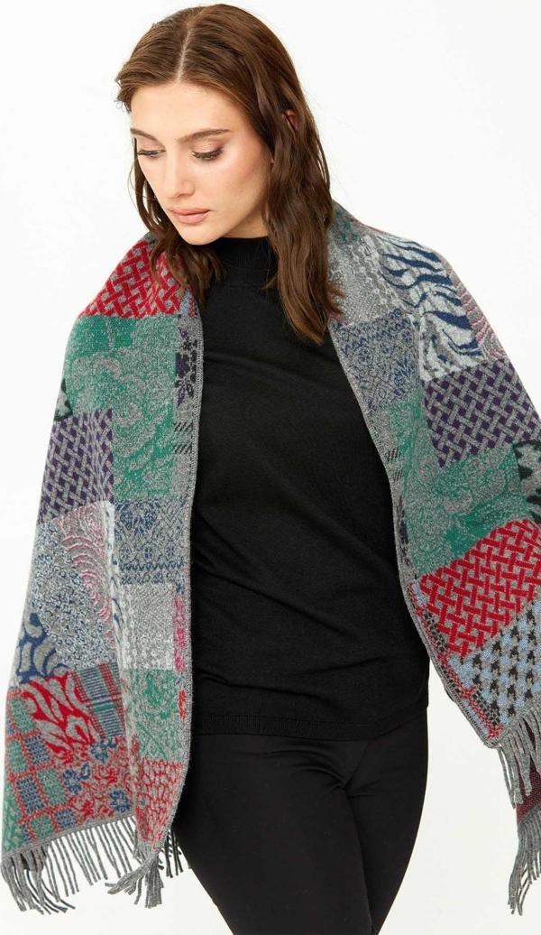 Desen Triko Kadın Kırk Yama Desenli Saf Yün Şal 02421143 Füme - Image 1