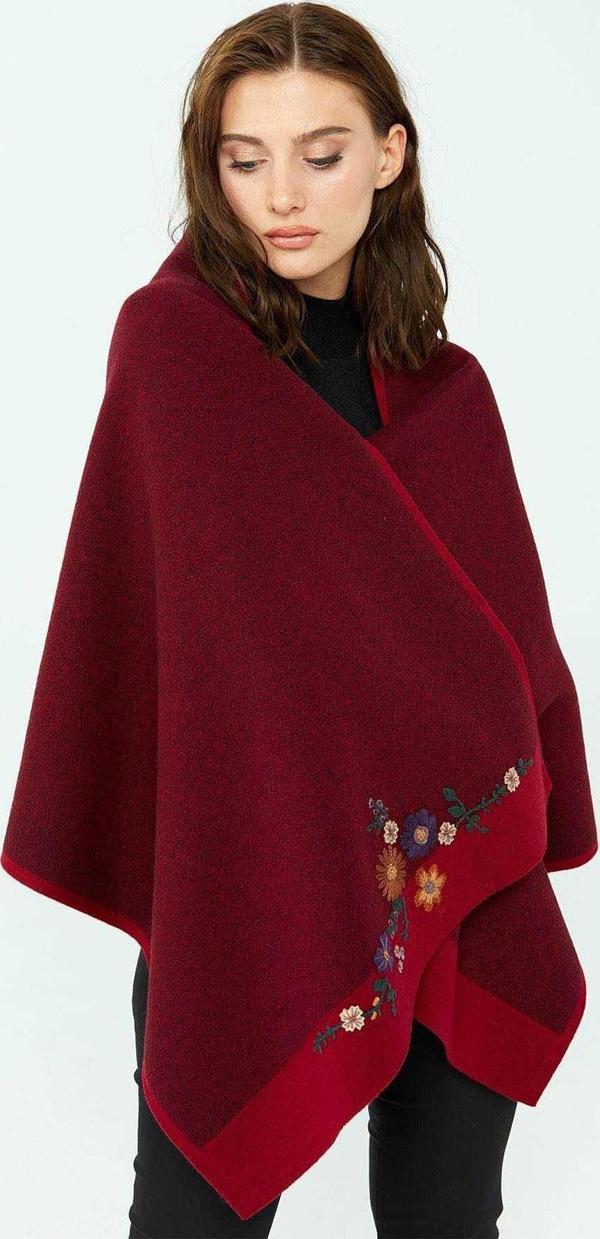 Desen Triko Kadın Çiçek İşlemeli Triko Şal 23154 Vişne Çürüğü - Image 1