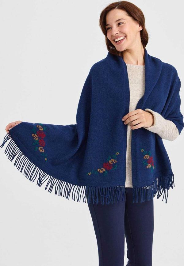 Desen Triko Kadın Triko Kenarı Çiçekli Yün Şal 23224 Indigo - Image 1