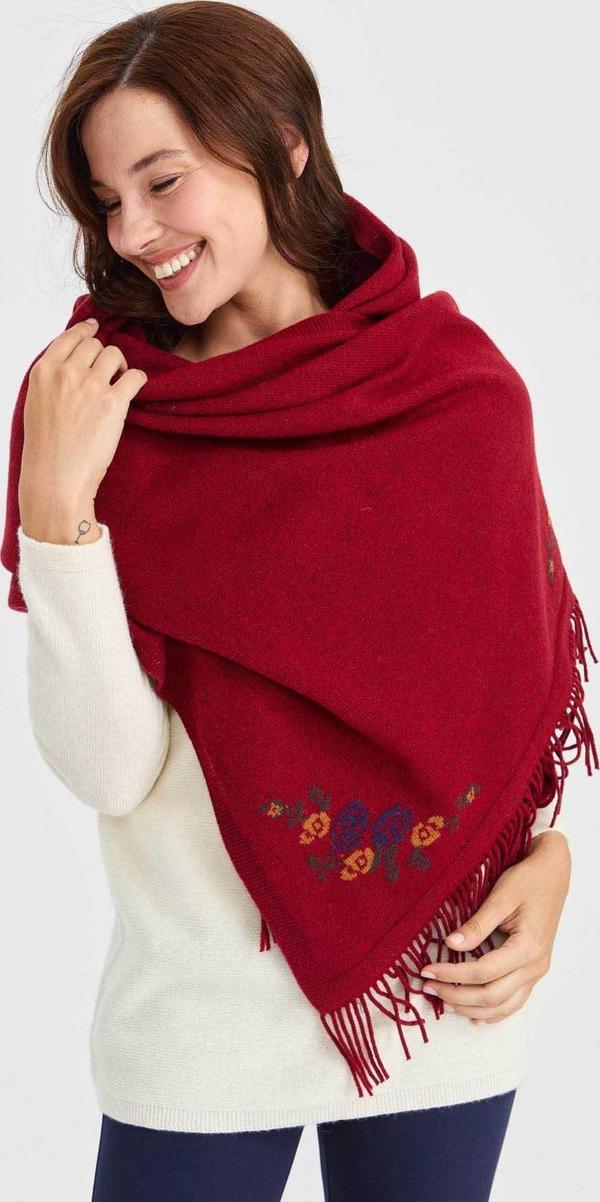 Desen Triko Kadın Triko Kenarı Çiçekli Yün Şal 23224 V.Kırmızı - Image 1