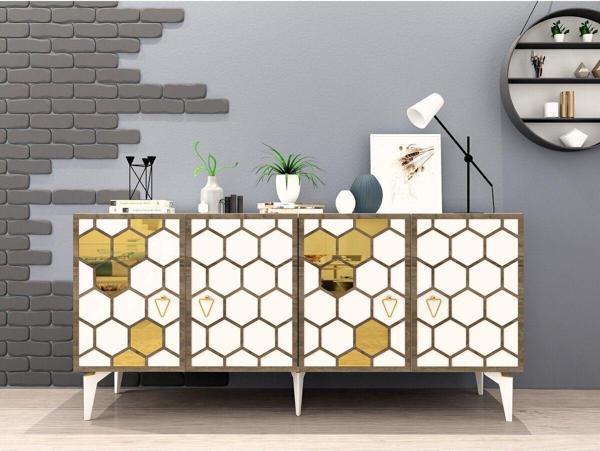 DemonteHome Petekdh Konsol 4 Kapakli Beyaz-Altin (Cevi̇z Desen) - Image 1