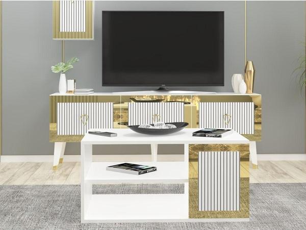 DemonteHome Baredh Lazer Desenli̇ 90 Cm Orta Sehpa Beyaz Altin - Image 1