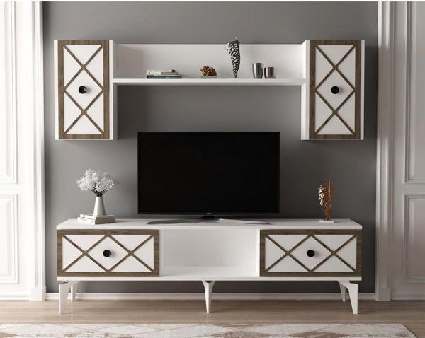 DemonteHome Helendh Tv Üni̇tesi̇ Takimi Beyaz-(Cevi̇z Desen) - Image 1