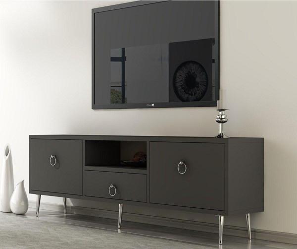 DemonteHome Dropdh Tv Ünitesi 2 Kapaklı Raflı Ve Çekmeceli Antrasit Gümüş - Image 1