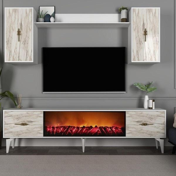 DemonteHome Sintadh 180 Cm Şömineli (B) Tv Ünitesi Takımı Beyaz Efesmermer - Image 1