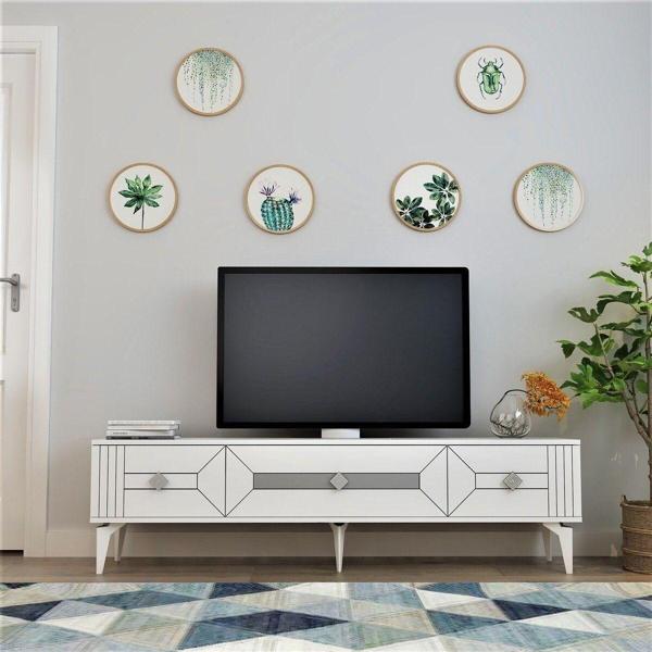 DemonteHome Ceneyradh Tv Sehpası (Alt Modül) Beyaz Gümüş - Image 1