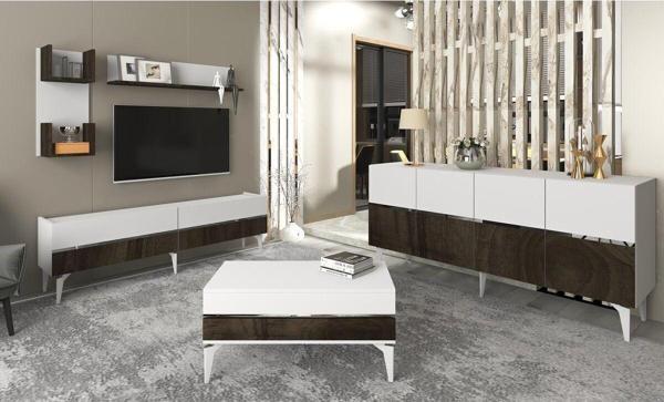 DemonteHome Tedydh Tv Üni̇tesi̇,Konsol Ve Orta Sehpa 3'Lü Salon Takimi Beyaz-Cevi̇z-Gümüş - Image 1