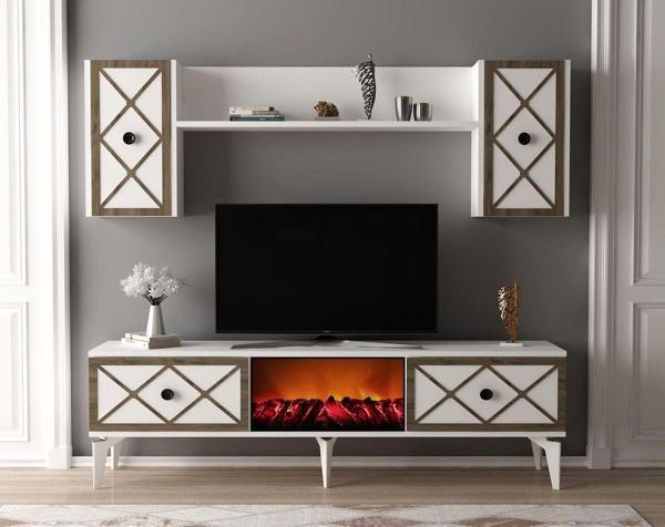 DemonteHome Helendh Şömi̇neli̇ Tv Üni̇tesi̇ Takimi Beyaz (Cevi̇z Desen) - Image 1