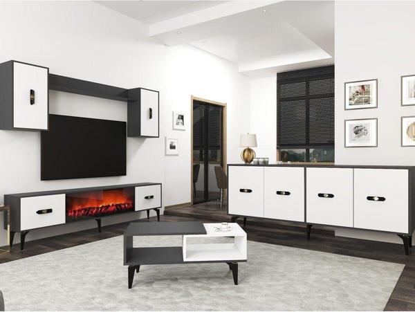 DemonteHome Flydh 180 Cm Şömi̇neli̇(B) Tv Üni̇tesi̇, Konsol(Kx180) Ve Orta Sehpa Salon Takimi Antrasi̇t Beyaz - Image 1