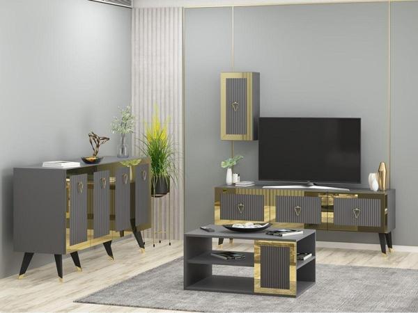 DemonteHome Baredh Tv Üni̇tesi̇, Orta Sehpa Ve Konsol 3'Lü Salon Takimi Antrasi̇t-Altin - Image 1