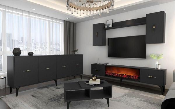 DemonteHome Si̇ntadh 180 Cm Şömi̇neli̇(B) Tv Üni̇tesi̇, Konsol(Kx180) Ve Orta Sehpa Salon Takimi Antrasi̇t - Image 1