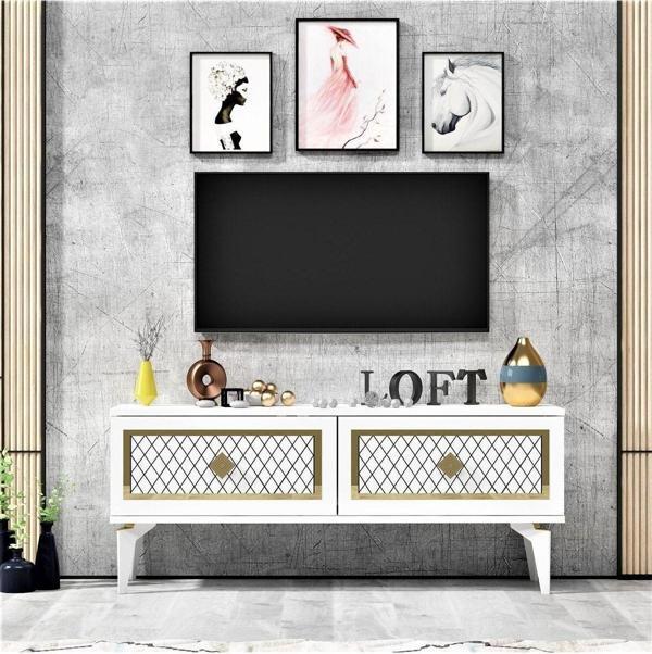 Demonte Home Areldh 2 Kapakli Tv Sehpasi Beyaz Altin - Image 1