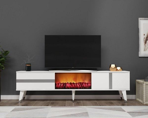 Demonte Home Vani̇adh Tv Sehpasi Şömi̇neli̇ (Alt Modül) Beyaz-Gümüş - Image 1
