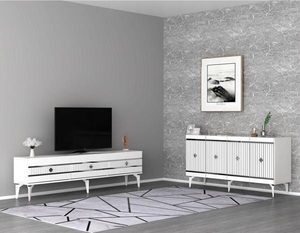 DemonteHome Lenoradh Tv Sehpasi (Alt Modül) Ve Konsol 2'Li̇ Salon Takimi Beyaz-Gümüş - Image 1