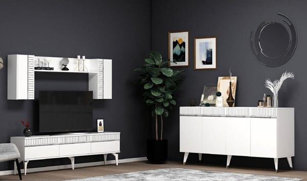 DemonteHome Defnedh 180 Cm Tv Üni̇tesi̇ Ve Konsol  2'Li̇ Salon Takimi Beyaz Gümüş - Image 1