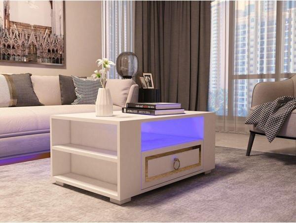 DemonteHome Calvi̇ndh Led Aydinlatmali Orta Sehpa Beyaz-Altin - Image 1