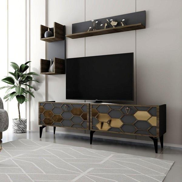 DemonteHome Petekdh Tv Üni̇tesi̇ Takimi Antrasi̇t-Altin (Cevi̇z Desen) - Image 1